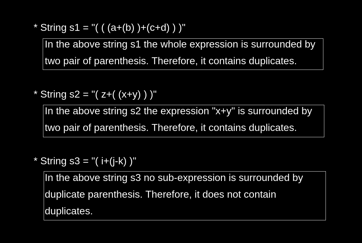 Find if an Expression has Duplicate Parenthesis or Not
